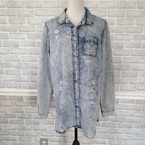 LTS Long Tall Sally Distressed Denim Chambray Shirt Long Sleeve 6 Western Grunge